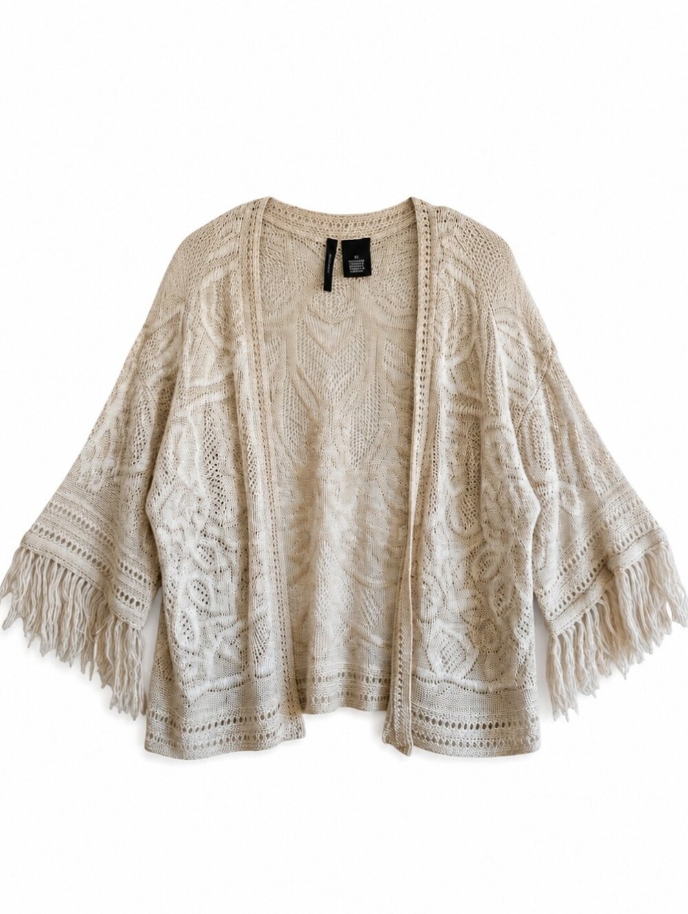 New Directions Boho Fringe Knit Cardigan XL Neutral Open Front Sweater
